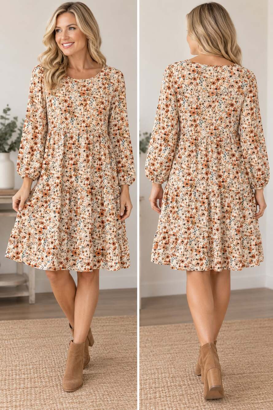 Emery Rose Floral Midi Dress Size XL Long Sleeve Ruffle Hem Cream